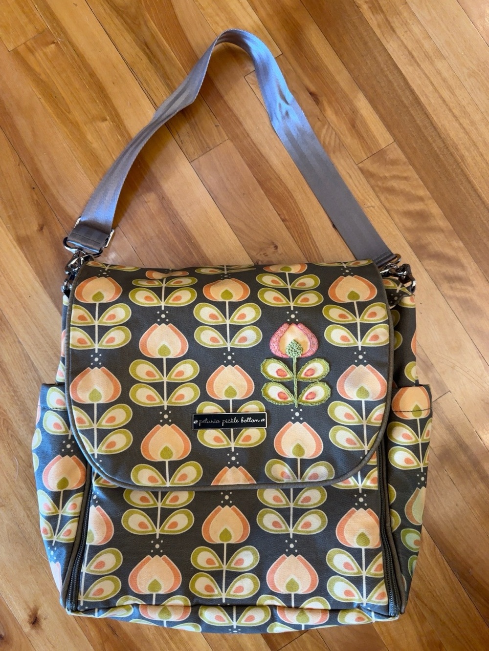 Petunia Pickle Bottom Olive Floral-Pattern Shoulder Bag with Peach Accents